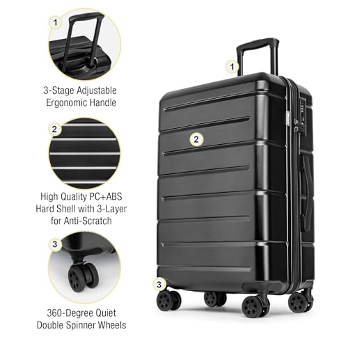 KYME Luggage Sets 3 Piece Hardshell 20"/24"/28" Suitcase with Wheels Hardside Suitcase Set with TSA Lock Large Travel Luggage Set for Women Men Black - color: Black, size: 3-Piece Set (20/24/28)