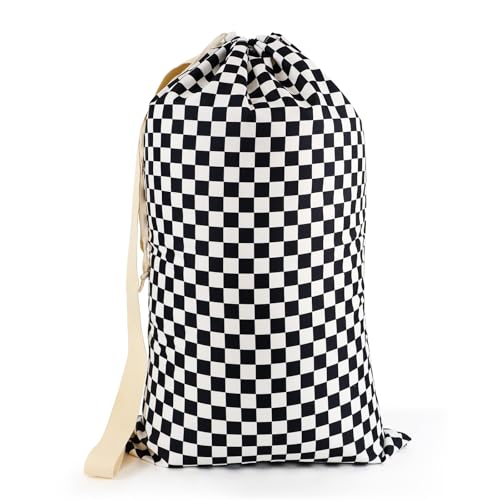 Laundry Bag Backpack for Dorm & Travel, 29 x 18" Large Dirty Bag - color: Black White Checkered