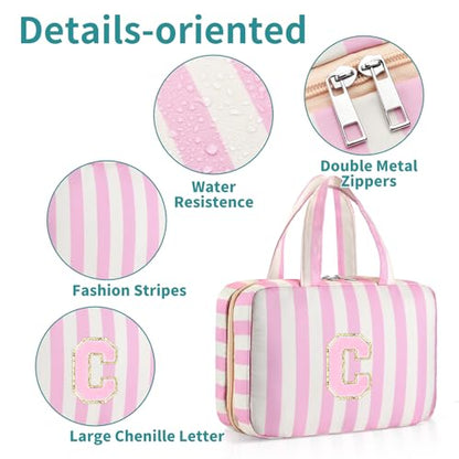 Personalized Travel Hanging Toiletry Bag & Makeup Bag Striped Pink C - color: Striped Pink, size: C