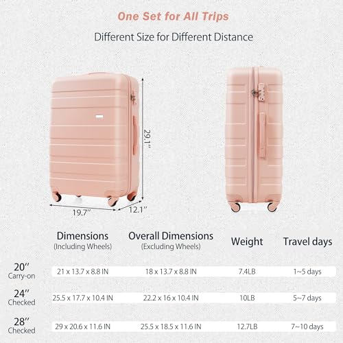 3 Pcs ABS Hardside Luggage Sets Spinner Wheel Suitcase TSA lock - color: brown pink