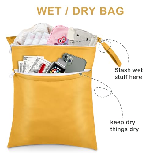 Angel Love Wet Bags, 2 Pack Baby Cloth Diaper Wet/Dry Bags with Two Zippered Pockets, Travel, Beach, Pool, Gym Bag for Swimsuits or Wet Clothes, Waterproof Washable Reusable, L216217 - color: Dark green and yellow