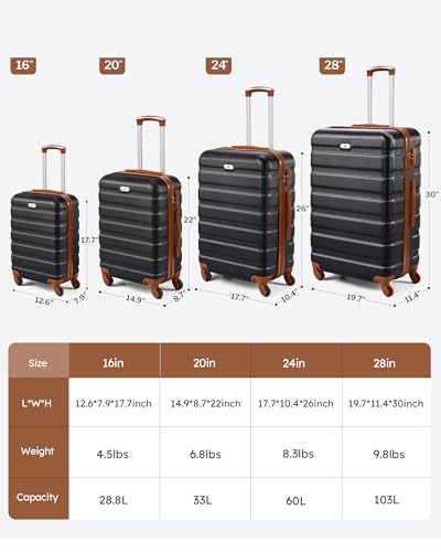 Suitour 4 Piece Luggage Set, Carry on Suitcase with ABS hardshell,Spinner Wheels & TSA Lock (16"/20"/24"/28") - color: Black Brown, size: 4-Piece Set