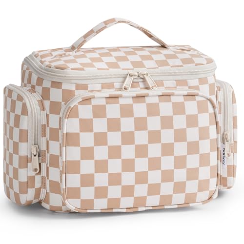 Narwey Hanging Travel Toiletry Bag for Women, Large Makeup Cosmetic Bag - color: A-Brown Checkerboard