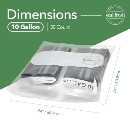 Seal Fresh 10 Gallon Large Plastic Storage Bags - 24 x 24 Inch (30 Count) - Reusable Write-On XXL Extra Large Big Oversized Clear Jumbo Zip Top Bags with Sealable Zipper for Clothes, Travel, Moving - size: 10 Gallon - 30 Pack