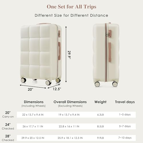 Hardside Suitcase with Spinner Wheel Lightweight TSA Lock - color: milky white(horizontal stripe), size: 20/24/28 Inch