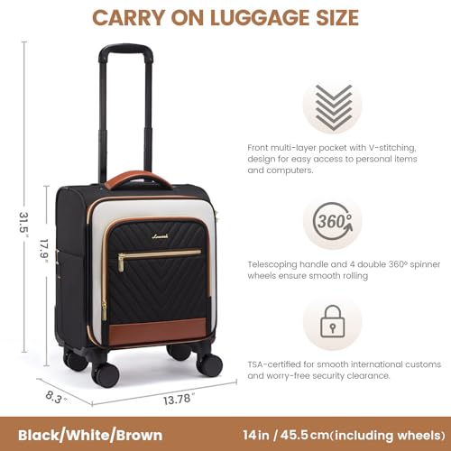 LOVEVOOK Underseat Carry On Luggage Airline Approved, 14 Inch Softside Suitcases with Wheels, Lightweight Spinner Carry on Suitcase with TSA Lock Weekender - color: Black/White/Brown, size: 14 inch-underseat-1pc