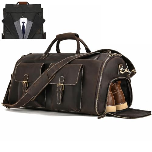 Leather Garment Bag for Men, Convertible Carry on Garment Duffel Bag for Travel Weekender Bag 2 in 1 Hanging Suitcase Suit Bag - color: Dark Brown