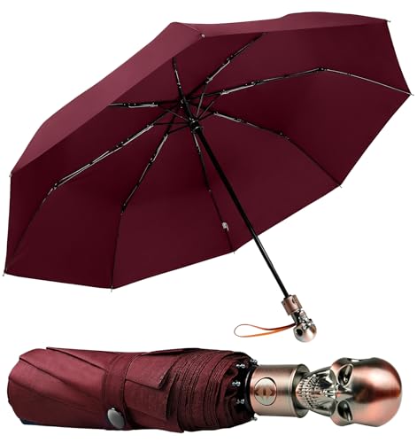 Skull Handle Windproof Travel Umbrella Compact Portable, Auto Open Close - color: 07.Wine Red