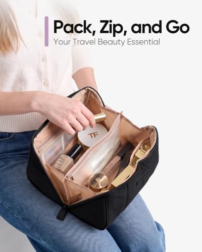 NISHEL Travel Makeup Bag Organizer Pouch Open Flat Cosmetic Case Brush Slot - color: Black, size: Medium