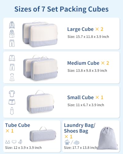 Narwey Packing Cubes for Travel, Luggage Organizer Bags for Women Kids - color: Greyish Blue Stripe