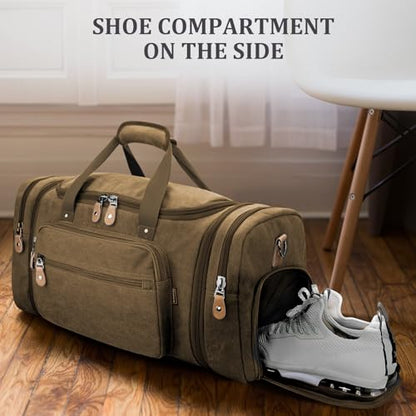 Gonex Canvas Duffle Bag, Expandable 60L Travel Overnight Weekender Bag - color: Coffee, size: X-Large-60L (With Shoe Compartment)