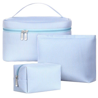 Huhumy 3Pieces Cute Seersucker Makeup Bag Set for Women, Light Blue, Stripe - color: Light Blue, style: Stripe