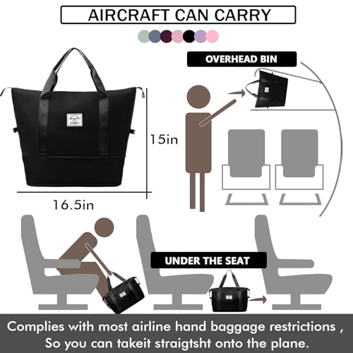 Travel Duffel Bag For Women and Men Waterproof Expandable Travel Bag Weekender Overnight Carry on Tote - color: black