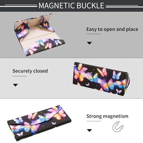 Foldable Glasses Case, Magnetic PU Leahter Sunglasses Case, Cute Hard Shell Folding Eyeglass Cases for Women Kids - color: Multicolor Butterfly