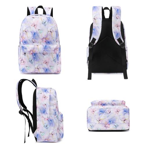 Fuyicat School Backpack Set for Girls, 3-in-1 Kids Teens Elementary Middle School Bags Bookbag with Lunch Bag Pencil Case - color: Marble Butterfly Purple