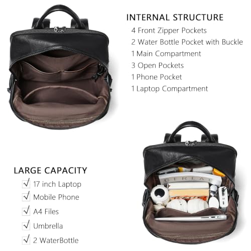 Leather Laptop Backpack for Women Fits 17" Laptop, with RFID Wristlet Purse - color: Black
