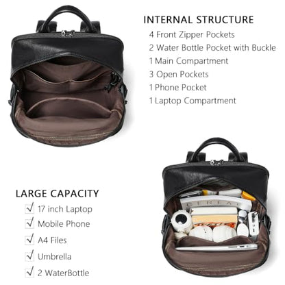 Leather Laptop Backpack for Women Fits 17" Laptop, with RFID Wristlet Purse - color: Black