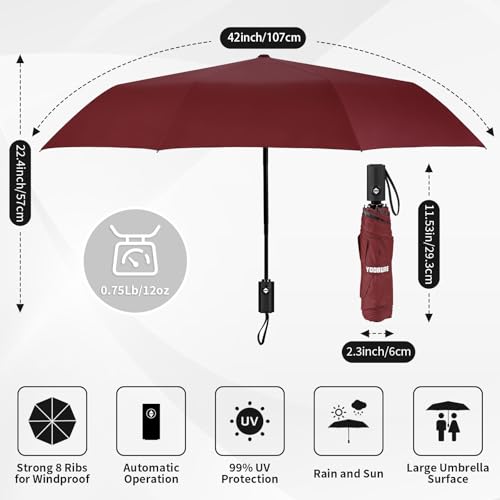 Yoobure Windproof Automatic Travel Umbrella, Compact Folding UV Sun & Rain - color: Auto-Burgundy Red