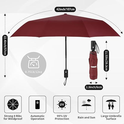 Yoobure Windproof Automatic Travel Umbrella, Compact Folding UV Sun & Rain - color: Auto-Burgundy Red
