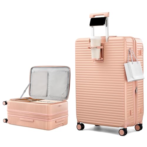 HanTrip 28 Inch Top Opening Hard Case Checked Luggage with Wheels, Pink - color: Pink, size: Expandable 28 Inch