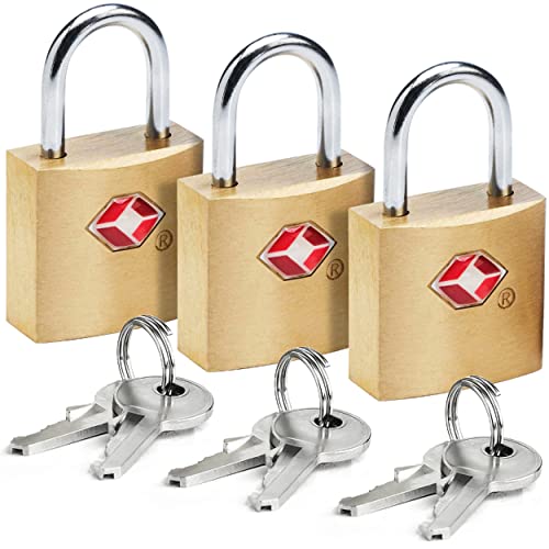 Lewis N. Clark Mini Brass Square TSA Lock + Padlock for Luggage, Suitcase, Carry On, Backpack, Laptop Bag or Purse - Perfect for Airport, Hotel, & Gym, 2 Keys Included - 3-Pack