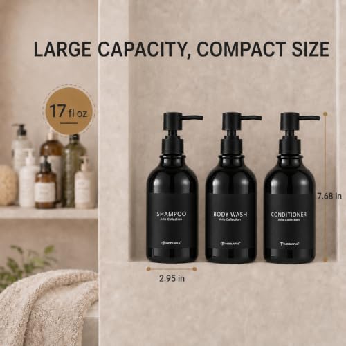 Black Shampoo and Conditioner Dispenser Set of 3, Black Smooth Pump - color: Glossy Black