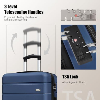 KEYTANG SmileLine 3-Piece Luggage Set Lightweight Hardside Suitcase TSA Lock Spinner Wheels, 20" Expandable Carry-On Luggage with Quick Access Front Open Pocket, Bonus Makeup Bag,Navy Blue - color: Navy Blue, size: 666-3 Piece Set