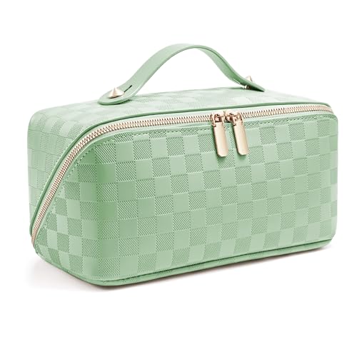 ALEXTINA Travel Makeup Bag, Vegan Leather Large Capacity Cosmetic Bags for Women,Waterproof Portable Pouch Open Flat Toiletry Bag Makeup Bag Organizer with Fixed Divider, Green - color: checkered green, size: Medium