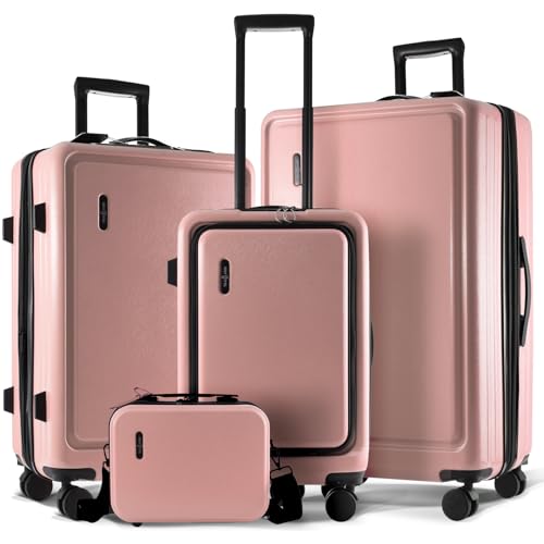 TRAVELARIM Pink Hardshell Luggage Sets 4 Piece, Durable Suitcase Set, Travel Luggage Set with Integrated TSA Lock, 360° Spinner Wheels, Expandable Medium and Large Checked Suitcase, 20/24/28 Inch - color: Pink