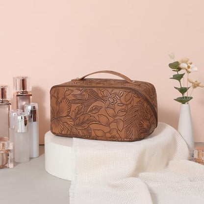 Travel Makeup Bag Cosmetic Bags for Women Large Capacity Water-resistant Portable Pouch Open Flat Toiletry Bag - color: A01-Brown