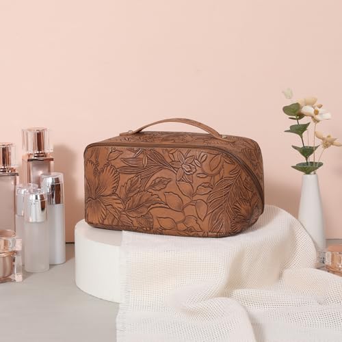 Travel Makeup Bag Cosmetic Bags for Women Large Capacity Water-resistant Portable Pouch Open Flat Toiletry Bag - color: A05-Khaki