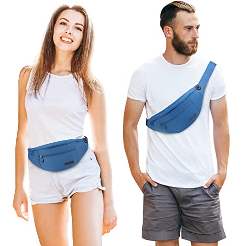 Large Blue Crossbody Fanny Pack for Women Men Belt Bag Fit All Phones - color: Blue(Washed Nylon with Blue Zipper), size: Large
