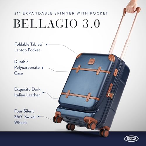 Bric's Bellagio 3.0 Spinner Trunk - Airline Approved Luxury Hardshell Carry On Luggage with Large Wheels, Telescopic Handle, Leather Detailing - Expandable Rolling Suitcase - 21" With Pocket, Blue