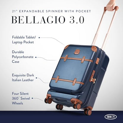 Bric's Bellagio 3.0 Spinner Trunk - Airline Approved Luxury Hardshell Carry On Luggage with Large Wheels, Telescopic Handle, Leather Detailing - Expandable Rolling Suitcase - 21" With Pocket, Blue