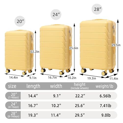 Hardshell Luggage Sets, Lightweight Stripes Suitcases with Spinner Wheels, Yellow-220 - color: Yellow-220, size: 20/24/28 Inch