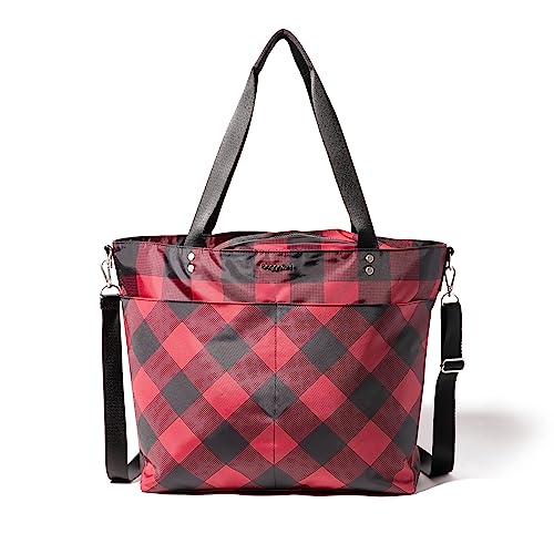 Baggallini Carryall Tote - Lightweight Nylon Zipper Top Weekender Travel Beach Bag w/Luggage Sleeve - color: Red Buffalo Plaid