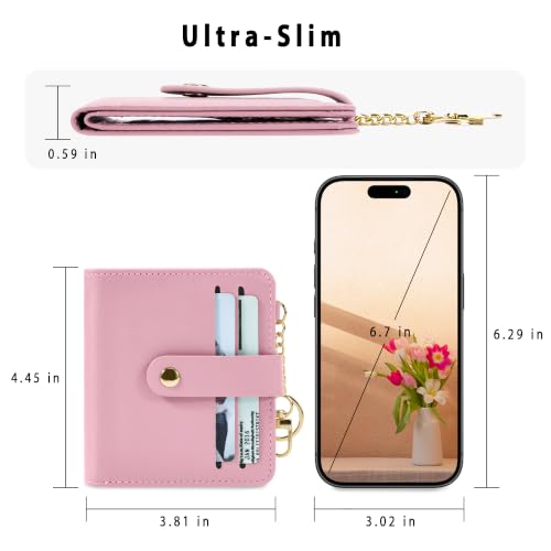 Airkit Small Wallet Women RFID, PU Leather Card Holder with Keychain - color: Pink