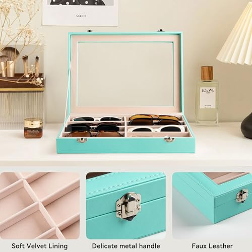 Frebeauty 8-Slot Sunglass Organizer,Sunglass Holder with Clear Lid - color: Turquoise, size: With Lid