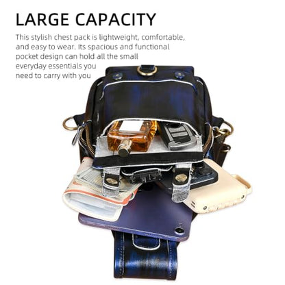Genuine Leather Hiking Travel DayPack Sling Crossbody Triangle Chest Pack Bag For Men Women 8241 (D-258204 Blue) - color: D-258204 Blue