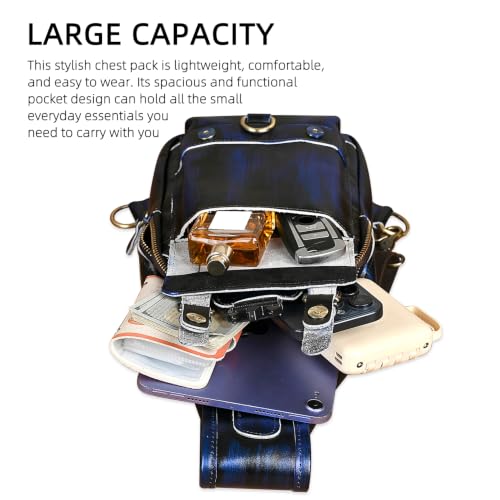Genuine Leather Hiking Travel DayPack Sling Crossbody Triangle Chest Pack Bag For Men Women 8241 (D-258204 Blue) - color: D-258204 Blue