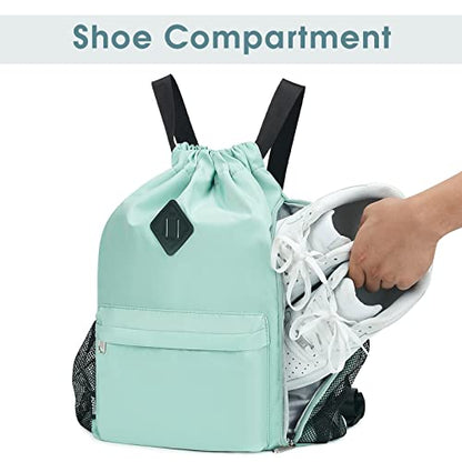 WANDF Drawstring Backpack with Shoe Compartment, Sports Gym Bag - color: L, Mint Green, size: Large