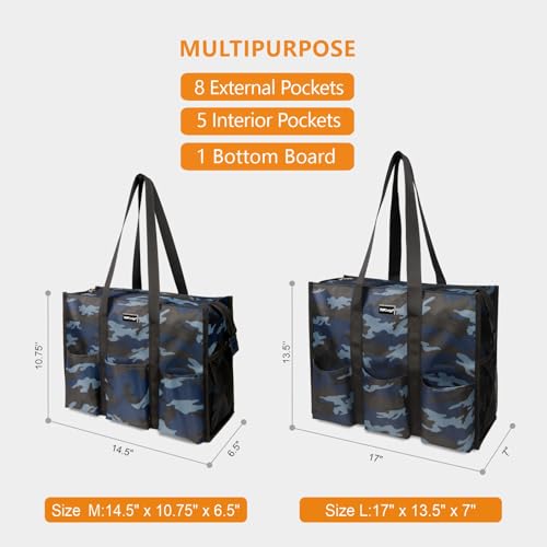 TOPDesign Utility Water Resistant Tote Bag with 13 Pockets, Zipper Closure - color: Blue Camouflage, size: Medium