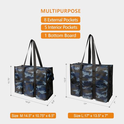 TOPDesign Utility Water Resistant Tote Bag with 13 Pockets, Zipper Closure - color: Blue Camouflage, size: Medium