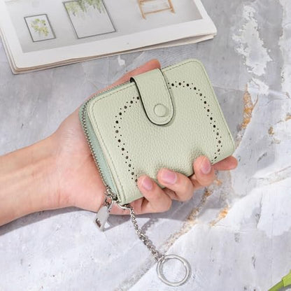 GAEKEAO Women's Leather Wallet RFID Blocking Card Holder with Many Compartments Small Purse with Zipper Key Chain Wallets - color: Z-Green-Small