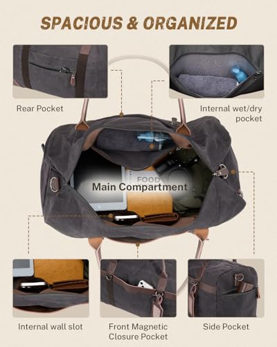 Gonex Waxed Canvas Duffle Bag, Waterproof 55L Travel Weekender Overnight - color: Dark Grey
