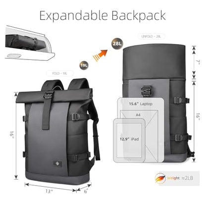 Rolltop Backpack for Men Women, Expandable Travel Laptop Backpack - color: Grey