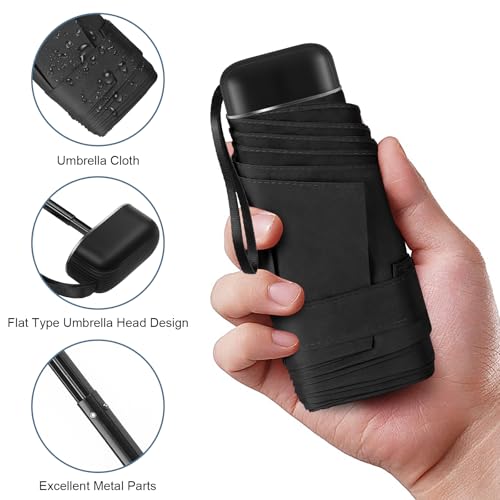 Mini Umbrella for Travel with Case Small Compact Sun Rain Tiny for Purse - color: 1010.Black