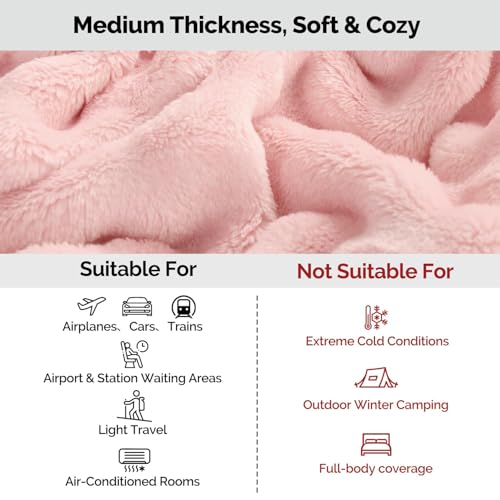 Pink Travel Blanket for Airplane, Portable Soft Flannel with Pouch & Clip - color: Pink