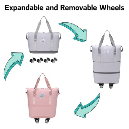 Rolling Duffle Bag with Wheels, Detachable Spinner Wheels, Wet Pocket, Beige - color: Beige