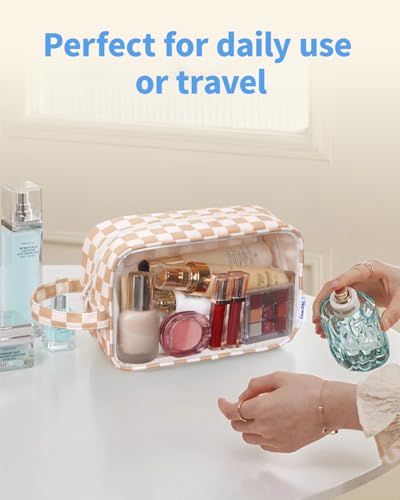 Narwey Clear Toiletry Bag for Women, Clear Cosmetic Makeup Bag for Travel - color: Y-Light Brown Checkerboard
